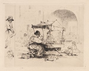Merchant in his Stall with Children Playing by Auguste Brouet