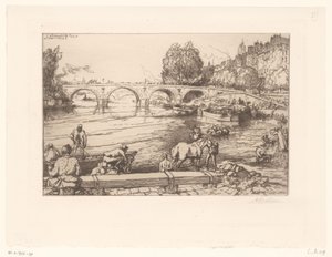 View of the Pont Marie with Figures in the Seine by Auguste Lepère (signed by artist)