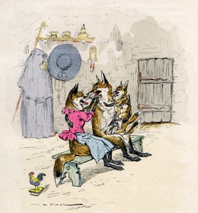 Illustration by A. Vimar for the Novel de Renart, edition Henri Laurens 19th century - Goupil and Hermeline the fox, his wife, home, with their children the little foxes by Auguste Vimar