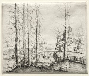 River Landscape with Five Bare Spruce Trees in the Foreground by Augustin Hirschvogel