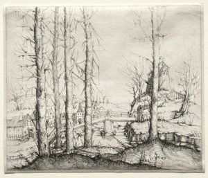 River Landscape with Five Bare Spruce Trees in the Foreground, 1549 by Augustin Hirschvogel