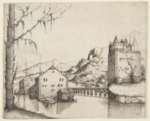 River Landscape with Two Buildings Connected by a Bridge by Augustin Hirschvogel