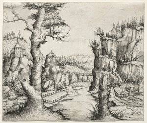 River Landscape with Rocks at Left and Right by Augustin Hirschvogel