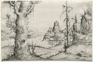 River landscape with large tree at left by Augustin Hirschvogel
