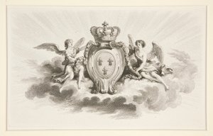 Royal Crest with Fleurs de Lis Flanked by Angels, 19th century reproduction by Augustin de Saint Aubin