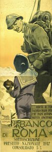 World War I: Banco di Romano poster for War Loan. Italian soldier telling his son to empty his money box and Papa will soon be home victorious