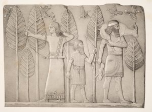 Huntsmen with Gazelle, hare & birds, from Monuments of Nineveh by Austen Henry Layard