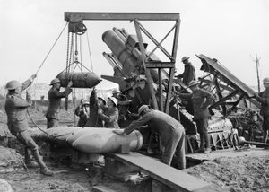 Crew of 2 Gun, Royal Marine Artillery loading Granny, a 15 inch Howitzer, near the Menin Road, in the Ypres sector, 5 October 1917