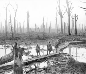 Five Australians, members of a field artillery brigade, passing along a duckboard track over mud and water among gaunt bare tree trunks in the devastated Chateau Wood