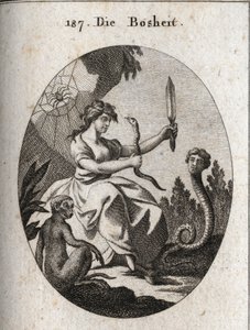 Allegory of malice. She looks happy with an aspic and a dagger. Its attributes are the snake with a human face that desires fraud, the monkey that is the emblem of malice, and the spider that alludes to traps. Engraving in “Iconologie oder Ideen aus dem