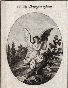 Allegory of curiosity represented with a drapery dotted with ears and eyes. The wings elevated. Engraving in 