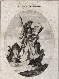 Allegory of Merit represented at the top of a steep rock with weapons and a book symbolizing it as the result of his works and studies. Engraving in 