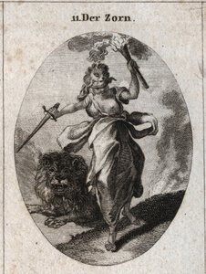 Allegory of Anger represented in a restless attitude, a blindfold, a sword and a torch in the hands. It is clothed with bear skin and the lion behind it is furious. Engraving in 