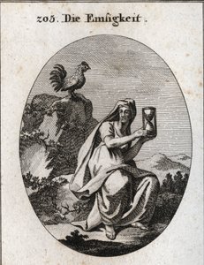 Allegory of attendance. She holds a sand clock (hourglass) and sits at the foot of a rock surrounded by an ivy plant. The rooster is its attribute because attendance does not exist without vigilance. Engraving in 