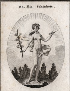 Allegory of beauty. The compass is the emblem of the accuracy of proportions. The lily is the symbol of beauty. Engraving in 