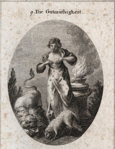 Allegory of Benignity Nursing at the Same Time a Lamb and a Lion Symbolizing Equal the Weakest and Strongest. Fire on the Altar Denotes Religious Feelings. Engraving in 