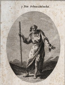 Allegory of blame represented by Momus the God of satire and reprimand as an old man speaking and striking the earth. His clothing is strewn with ears, eyes and tongues. Engraving in 