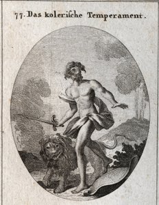 Allegory of choleric complexion. He holds a sword to attack and just threw his shield forgetting to defend himself. His attribute and a threatening lion. Engraving in 