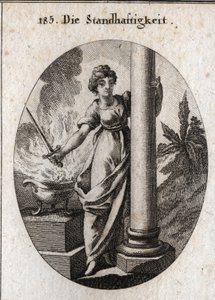 Allegory of constancy. She holds a sword over a burning fire. The column it embraces is the attribute of the farm. Engraving in 