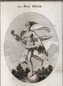 Allegory of Fortune Represented with a Blindfold to Show That She Is Blind to Her Gifts. She Holds a Horn of Abundance of Scepters, Crowns, Jewels, and Coins. It