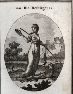 Allegory of Fraud Represented with a Double Heart and Holding a Mask. She Holds a Fishing Rod That Bit a Fish. Her Legs End in Vulture Claws and She Has a Scorpion Tail. Her Attribute is a Snake with a Human Face. Engraving in 