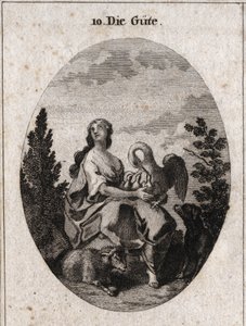 Allegory of Goodness Represented by a Noble and Abundant Beauty Looking at the Sky with Love. Pelican Symbolizes Charity, Dog Fidelity and Lamb, Sweetness. Engraving in 