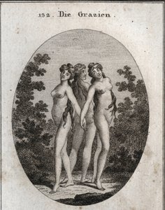 Allegory of Graces. The Three Graces: Euphrosine signifying joy and contentment, Aglaya symbolizing imposing beauty, and Thalia delight. Engraving in 