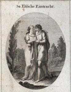 Allegory of harmony in marriage. A couple kisses, a gold chain hangs around their neck and a heart that they support each with one hand. Engraving in 