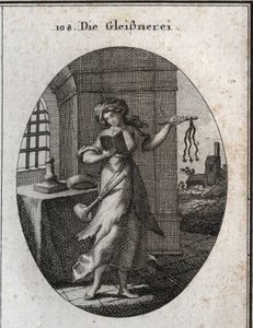 Allegory of hypocrisy holding a prayer book and discipline (swift, whip). The trumpet she has on her shoulder marks that she publishes her good works with emphasis. Engraving in 