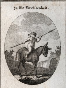 Allegory of ignorance represented by a child riding on a donkey, his eyes stripped with a reed cane (symbolizing the empty brain). Engraving in 