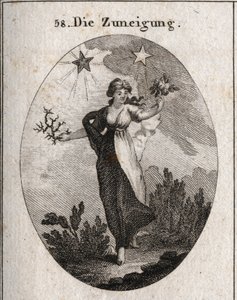 Allegory of Inclination. She Holds a Bouquet of Roses and a Bouquet of Thorns and Looks Indecisive in Her Choice. Behind It is a Bright and Beneficial Star (That of Jupiter) and a Dark and Harmful Star (That of Saturn). Engraving in 