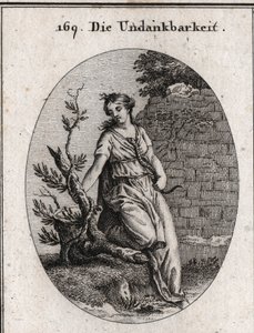 Allegory of ingratitude. A woman who heats a snake in her breast gets bitten. The ivy branch is the symbol of ingratitude as it destroys itself which serves as a support to rise. Engraving in 
