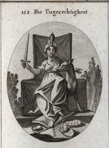 Allegory of injustice. She holds a sword that she raises and crushes at her feet the tables of divine laws and the book of human voices and the scales of justice that are broken. The wolf is the symbol of cruelty, rapine, and greed. Engraving in 