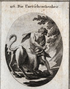 Allegory of Intrepidity represented by a vigorous young man who stops a furious bull by holding it by the horns. Engraving in 