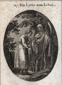 Allegory of Love for Life. An Old Woman Calls Death to Help Her Put Her Wooden Bunks on Her Head. Engraving in 