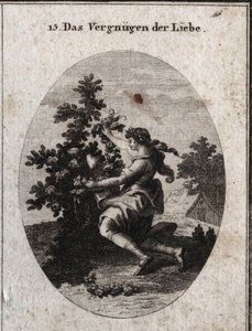 Allegory of love satisfaction represented by a graceful teenager kneeling in front of a heart in the middle of a flowered rose tree whose roses and thorns are allusive to the sorrows and sweets of love. The lover cries to embellish what he loves. by Austrian School