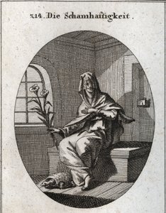 Allegory of modesty. Its symbol is a branch of lilies and a turtle that means that modesty women must be removed from their homes. His face is covered by a veil. Engraving in “Iconologie oder Ideen aus dem Gebiete der Leidenschaften und Allegorien bildic by Austrian School