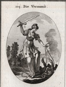 Allegory of reason, she holds a flamboyant sword from which she threatens the vices represented by snakes that she holds chains. Engraving in 