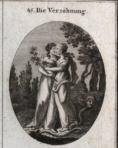 Allegory of reconciliation characterized by two women who kiss each other. One holds an olive branch, symbol of peace, and the other tramples under its feet a snake with human faces, emblem of fraud and malice. Engraving in 