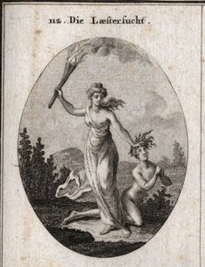 Allegory of Slander Holding a Torch and Ruthlessly Dragging a Naked Teen Who Joins Hands and Looks at the Sky. Engraving in 