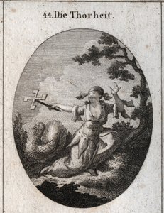 Allegory of stupidity personified by a ridiculous woman who holds a card reel that turns in the wind and laughs from which she laughs. Engraving in 