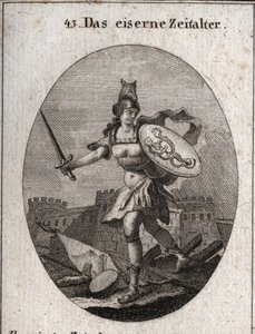 Allegory of the Iron Age characterized by violence, bad faith, and treason. Of fierce appearance, she is armed with a helmet in the head of a wolf, holds a sword and a shield where fraud and vice are represented (siren and snake with human faces).