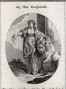 Allegory of generosity bearing a golden crown on the head and chest uncovered, designating the nobility of feelings and sincerity of the heart. She presents jewels and gold in one hand and the other rests on a lion lying peacefully at her feet. Engravi