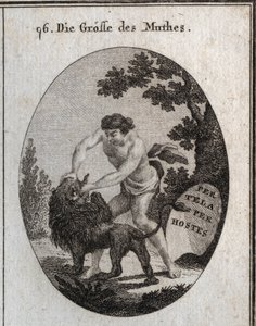 Allegory of the greatness of courage represented by a robust man who opens a lion