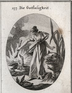 Allegory of impiety holding a torch from which she burns a pelican in her nest with her young. Her attribute is the hippo. Engraving in 