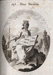 Allegory of the law. His radiant diadem marks his divine origin. The sceptre denotes its authority and the book is open or inscribed “In Legibus Salus” means that it promises a reward to those who obey it. Engraving in “Iconologie oder Ideen aus dem by Austrian School