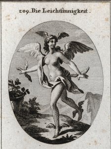 Allegory of the light. She has wings on her head, shoulders, feet and hands. Engraving in 