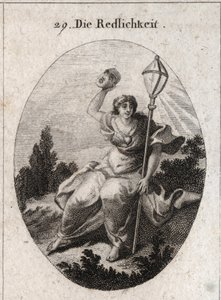 Allegory of loyalty (or sincerity) throwing a mask that is the attribute of feint and lie. Its emblem is a crystal lantern symbol of the lightning. A heart is drawn on his chest. Engraving in 