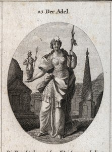 Allegory of the nobility. The star means the elevation of feelings. The statue of Minerva and the spear mark that it can acquire merit in science and weapons. Engraving in 