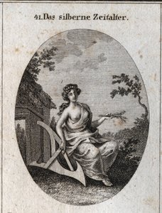 Allegory of the Silver Age with a Handle of Epis to Cultivate the Land and Wood to Make Huts. Engraving in Iconologie oder Ideen aus dem Gebiete der Leidenschaften und Allegorien bildich dargestellt fur Zeichner, Mahler, Dichter, Gelehrte, Erzieher und by Austrian School